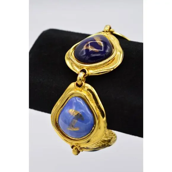Edouard Rambaud Vintage Cabochon Bracelet Gold Blue Painted Gripoix Chunky BinY
